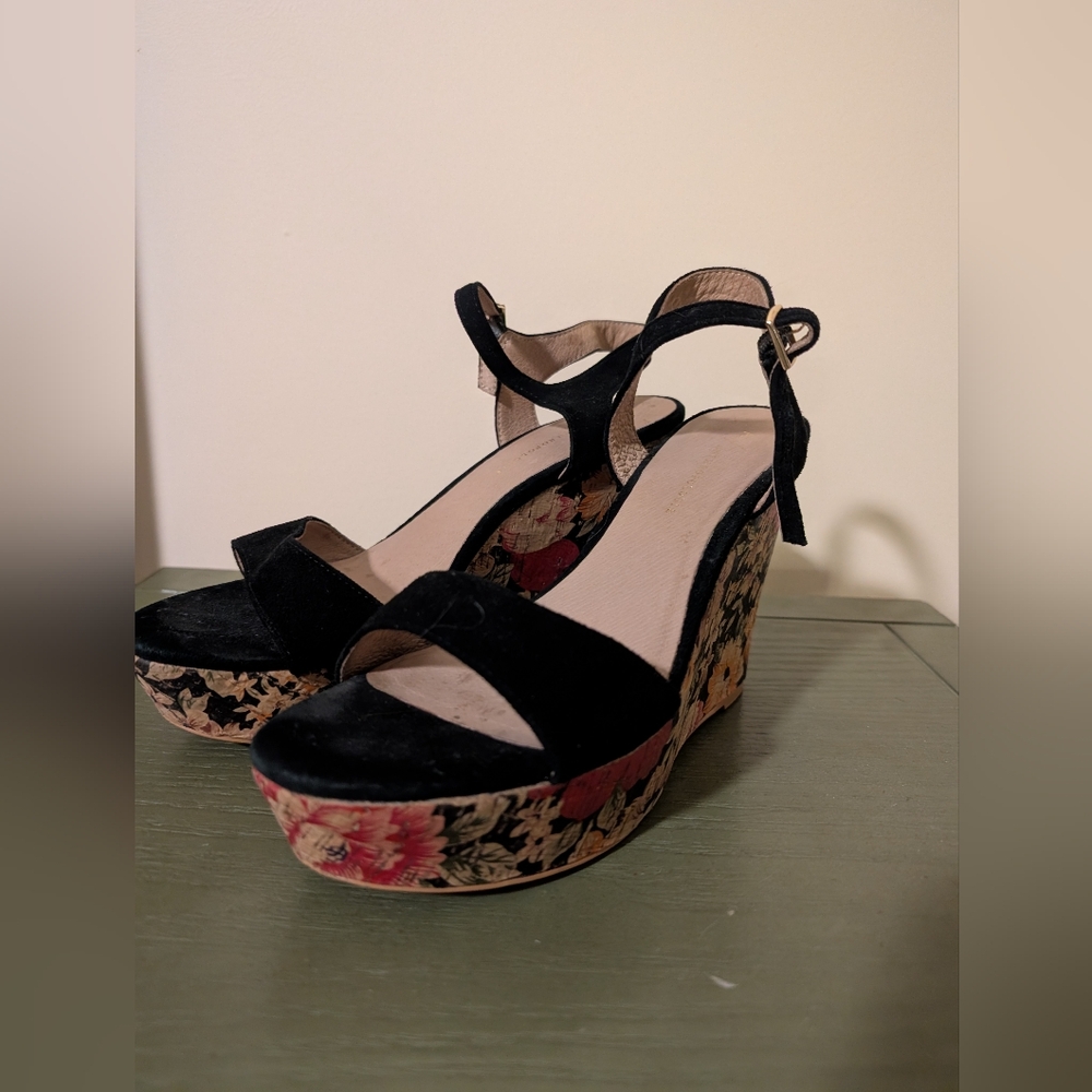Anthropologie Black Suede Floral-Print Wedge Sandals